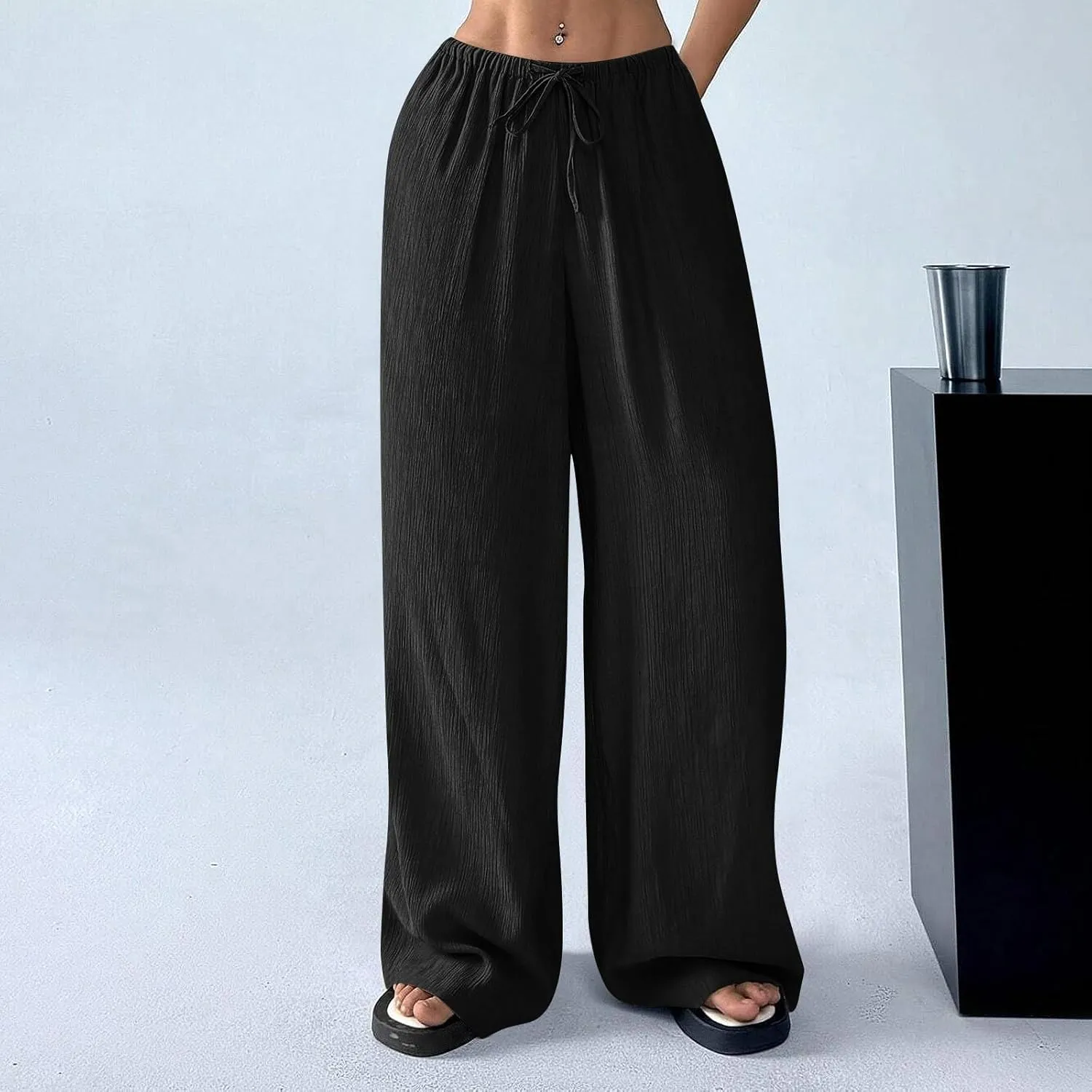 GOFULY Linen Palazzo Pants Women Wide Leg Trendy 2025 Pants High Waisted Drawstring Elastic Waist Summer Baggy Solid Trousers