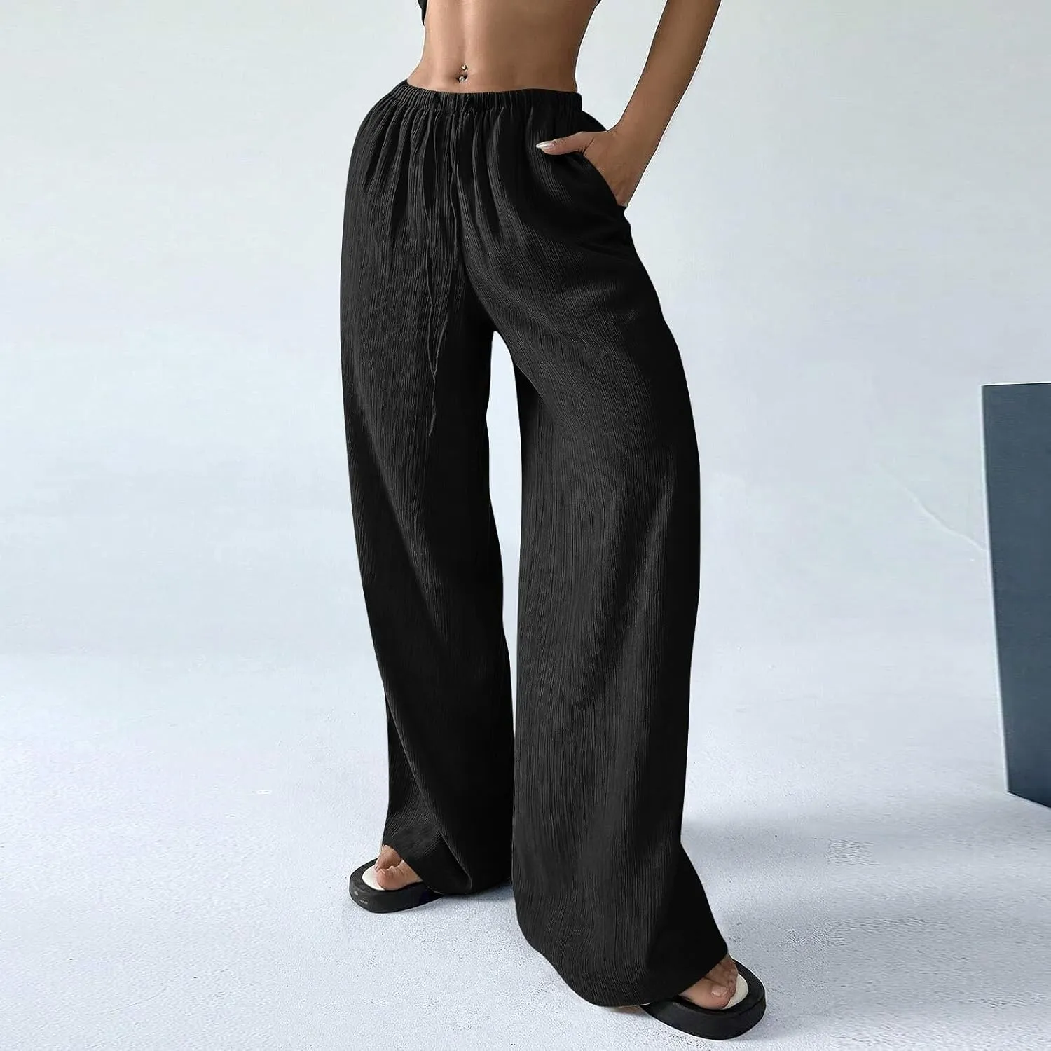 GOFULY Linen Palazzo Pants Women Wide Leg Trendy 2025 Pants High Waisted Drawstring Elastic Waist Summer Baggy Solid Trousers