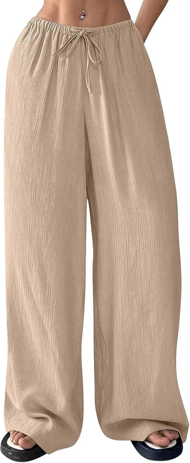 GOFULY Linen Palazzo Pants Women Wide Leg Trendy 2025 Pants High Waisted Drawstring Elastic Waist Summer Baggy Solid Trousers