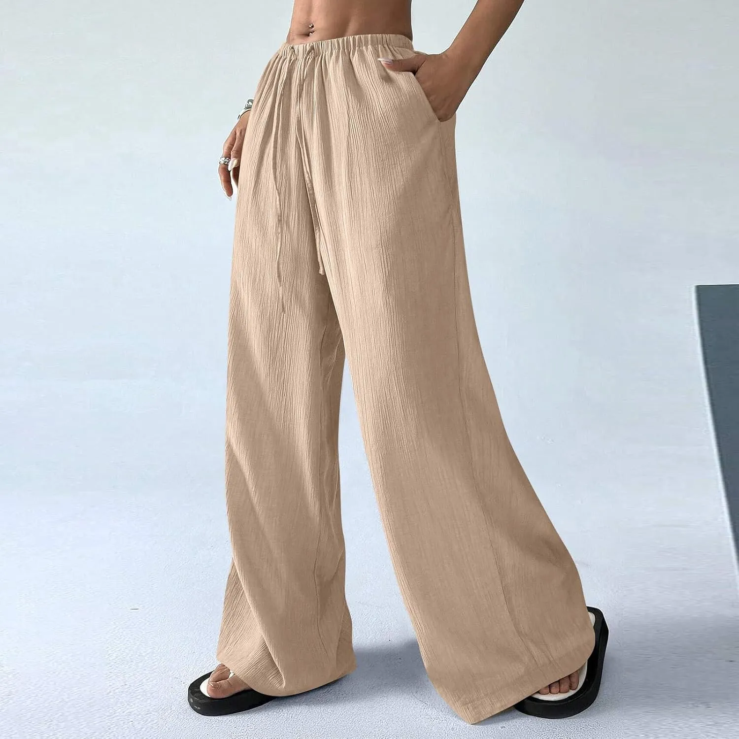 GOFULY Linen Palazzo Pants Women Wide Leg Trendy 2025 Pants High Waisted Drawstring Elastic Waist Summer Baggy Solid Trousers