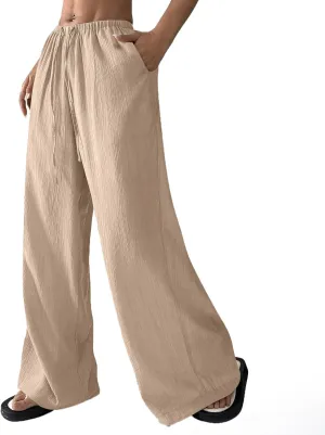 GOFULY Linen Palazzo Pants Women Wide Leg Trendy 2025 Pants High Waisted Drawstring Elastic Waist Summer Baggy Solid Trousers