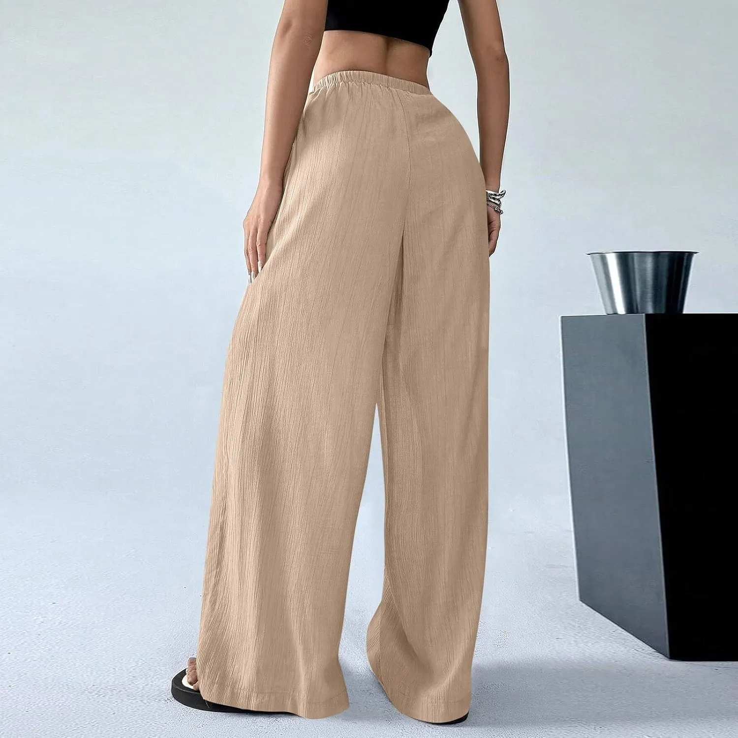 GOFULY Linen Palazzo Pants Women Wide Leg Trendy 2025 Pants High Waisted Drawstring Elastic Waist Summer Baggy Solid Trousers