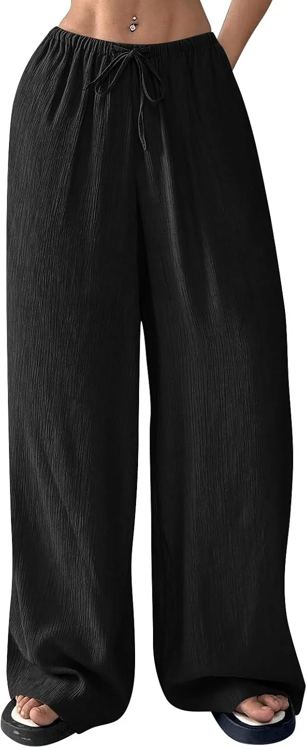 GOFULY Linen Palazzo Pants Women Wide Leg Trendy 2025 Pants High Waisted Drawstring Elastic Waist Summer Baggy Solid Trousers