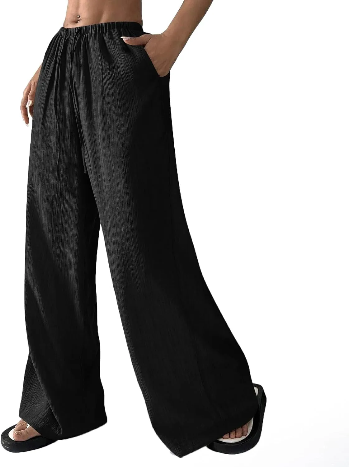 GOFULY Linen Palazzo Pants Women Wide Leg Trendy 2025 Pants High Waisted Drawstring Elastic Waist Summer Baggy Solid Trousers