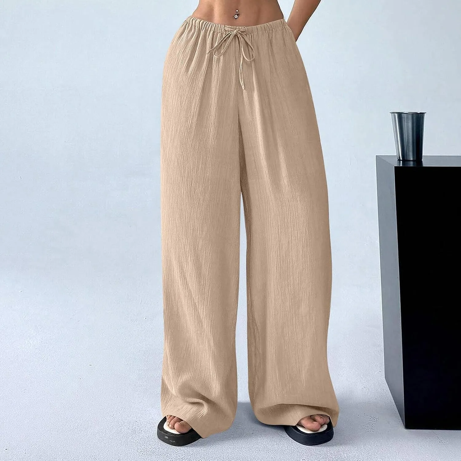 GOFULY Linen Palazzo Pants Women Wide Leg Trendy 2025 Pants High Waisted Drawstring Elastic Waist Summer Baggy Solid Trousers