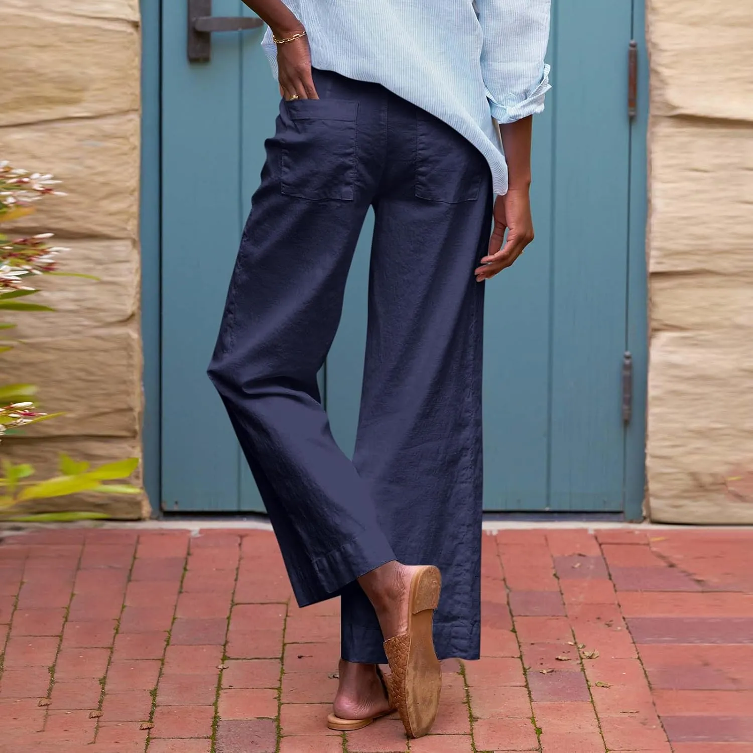 GOFULY Linen Pants for Women Casual Wide Straight Leg High Rise Casual Palazzo Pants 2025 Summer Solid Trousers with Pockets