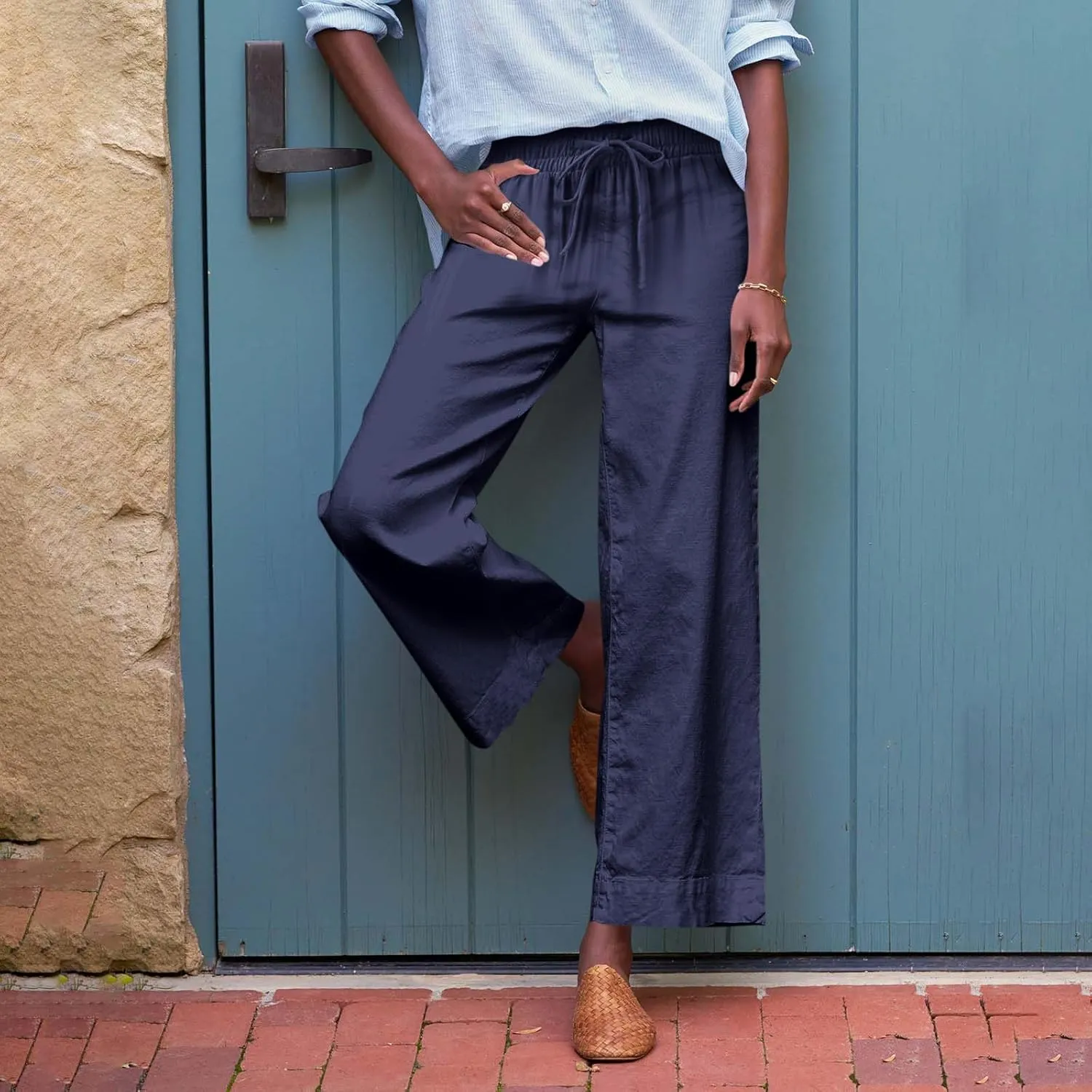GOFULY Linen Pants for Women Casual Wide Straight Leg High Rise Casual Palazzo Pants 2025 Summer Solid Trousers with Pockets