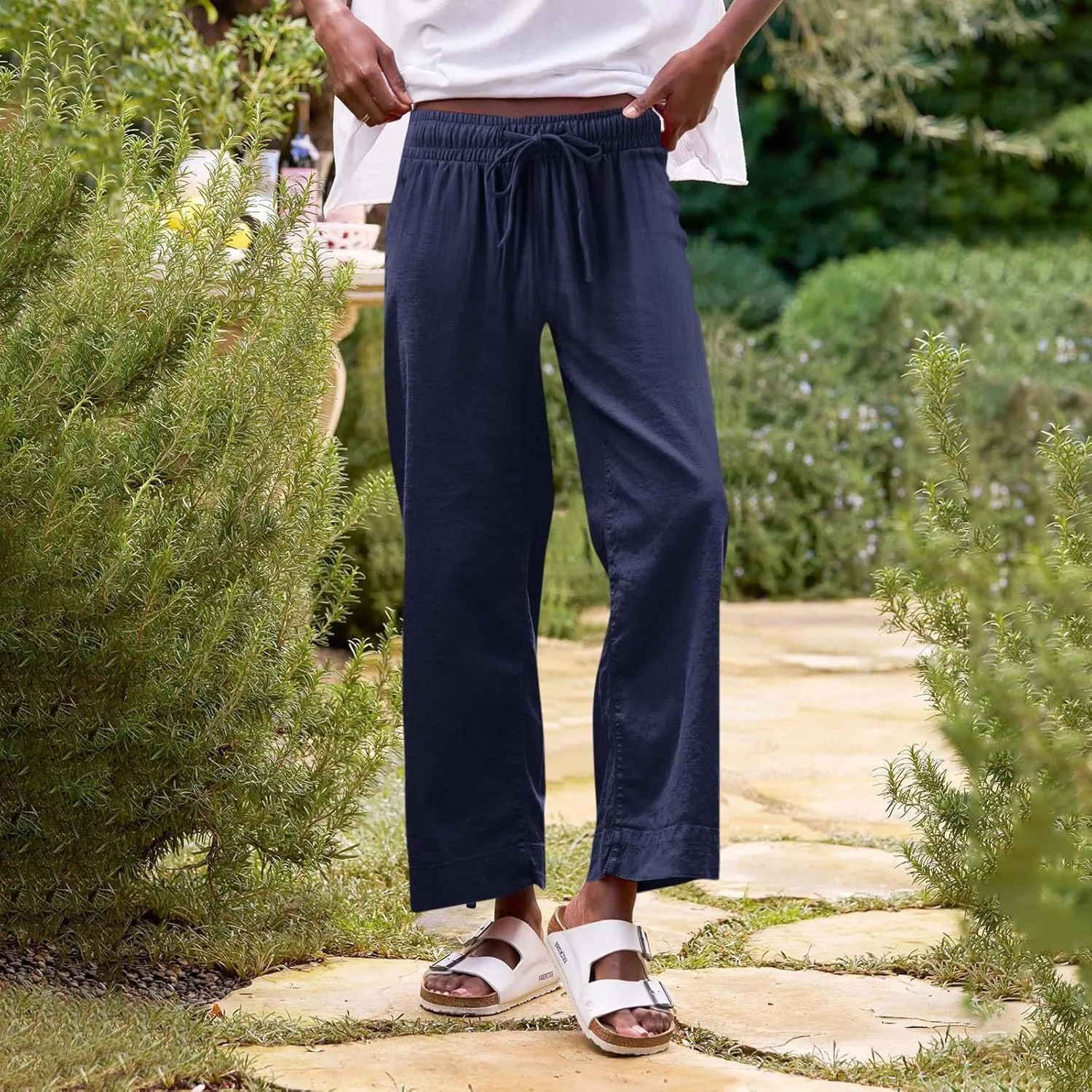 GOFULY Linen Pants for Women Casual Wide Straight Leg High Rise Casual Palazzo Pants 2025 Summer Solid Trousers with Pockets