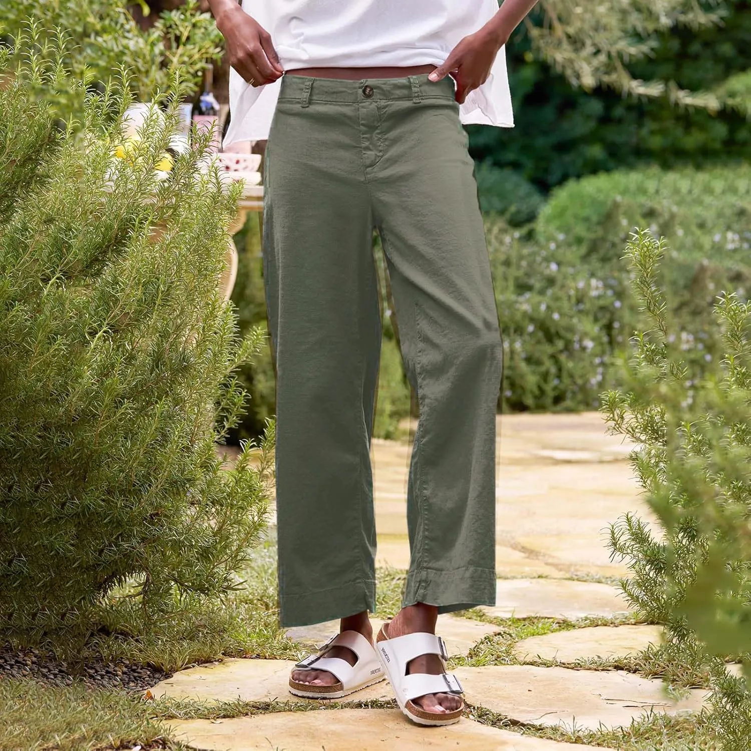 GOFULY Linen Pants for Women Casual Wide Straight Leg High Rise Casual Palazzo Pants 2025 Summer Solid Trousers with Pockets