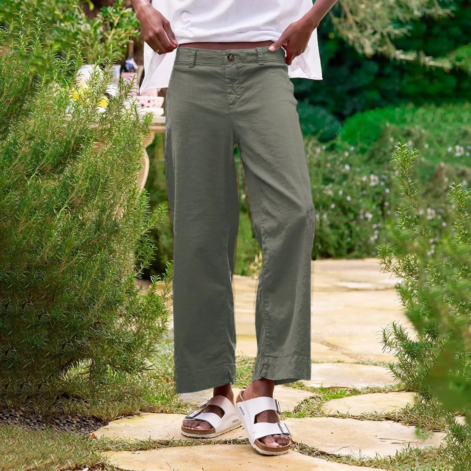 GOFULY Linen Pants for Women Casual Wide Straight Leg High Rise Casual Palazzo Pants 2025 Summer Solid Trousers with Pockets