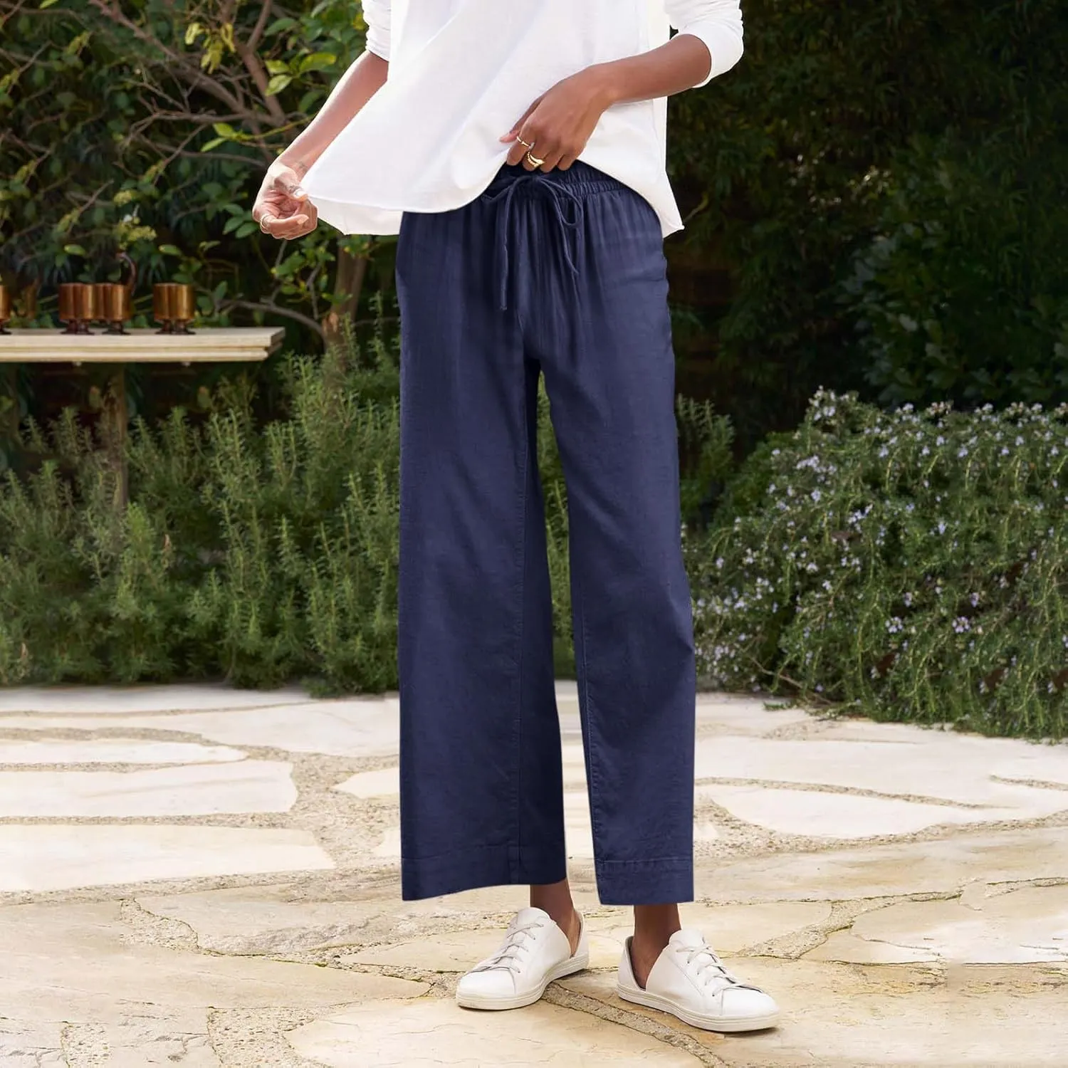 GOFULY Linen Pants for Women Casual Wide Straight Leg High Rise Casual Palazzo Pants 2025 Summer Solid Trousers with Pockets