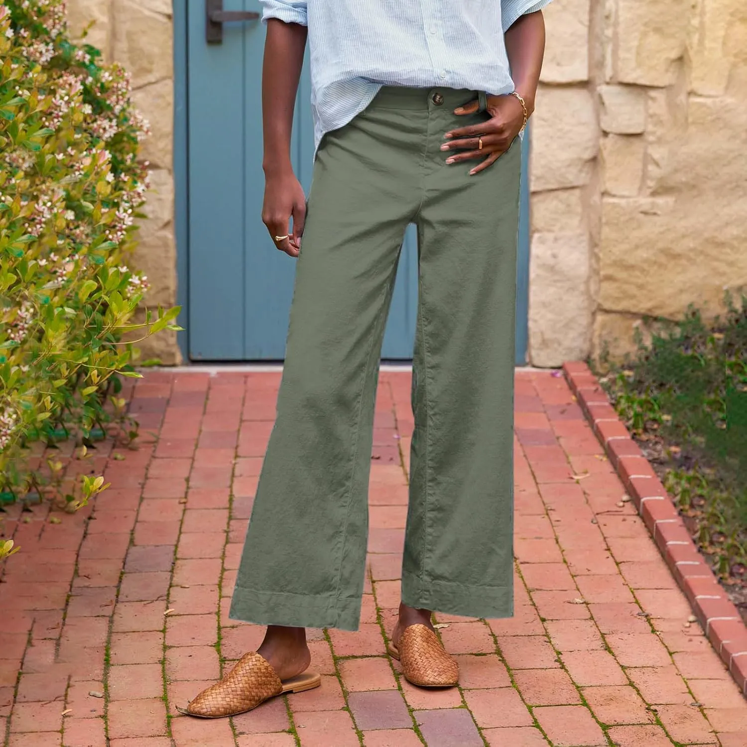 GOFULY Linen Pants for Women Casual Wide Straight Leg High Rise Casual Palazzo Pants 2025 Summer Solid Trousers with Pockets