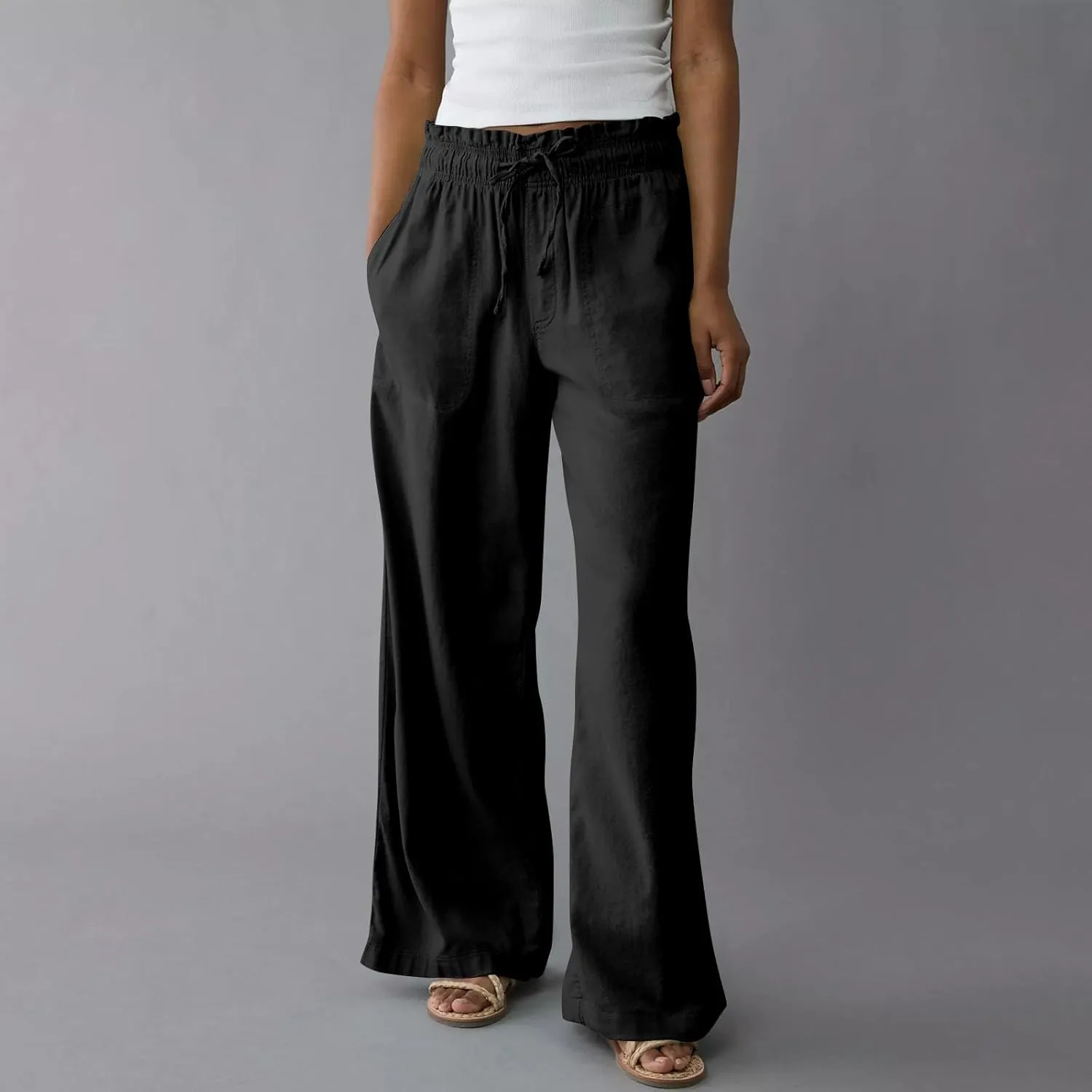 GOFULY Linen Pants for Women Wide Leg Trendy High Waisted Pants with Pockets Elastic Waist Drawstring Summer Solid Clothes