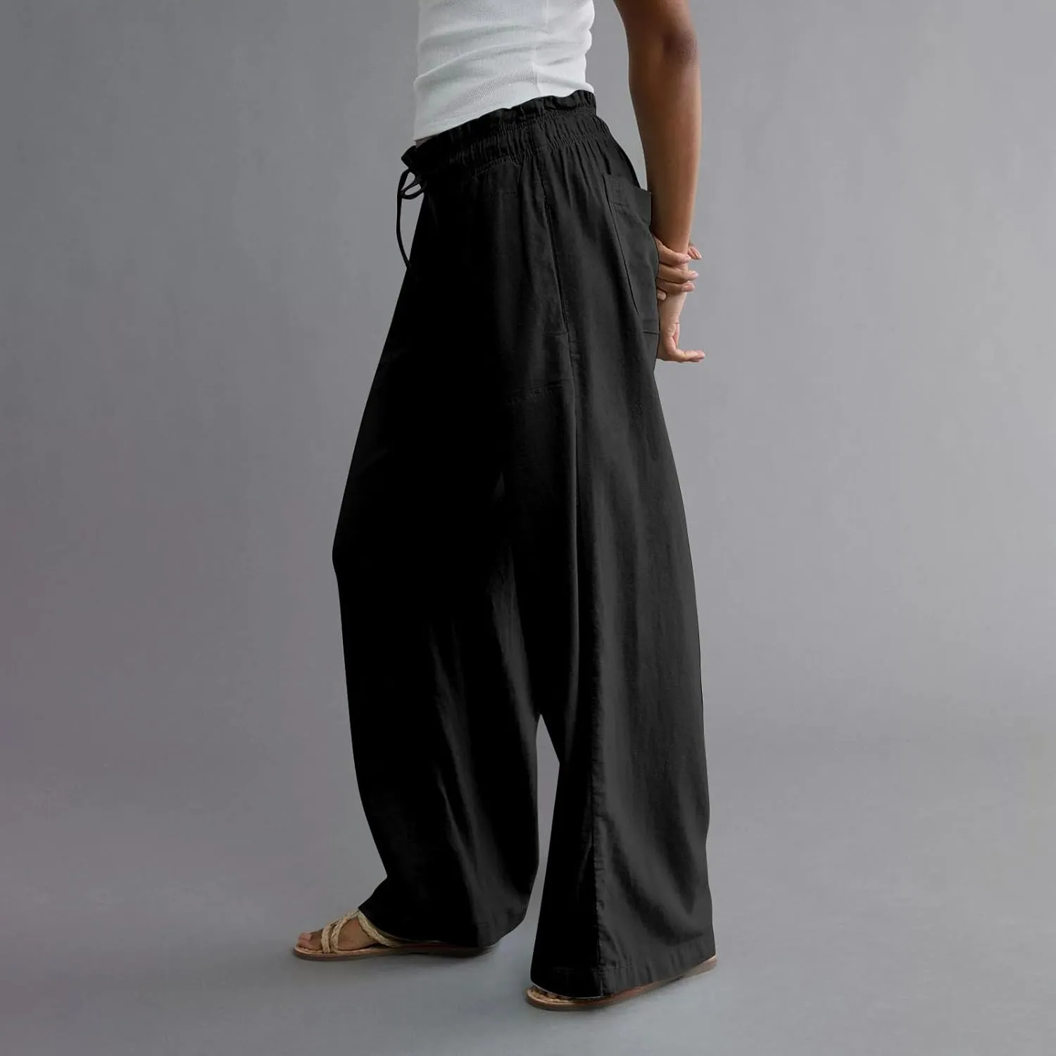 GOFULY Linen Pants for Women Wide Leg Trendy High Waisted Pants with Pockets Elastic Waist Drawstring Summer Solid Clothes