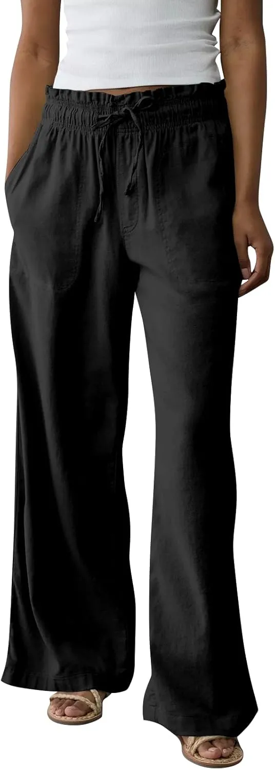 GOFULY Linen Pants for Women Wide Leg Trendy High Waisted Pants with Pockets Elastic Waist Drawstring Summer Solid Clothes