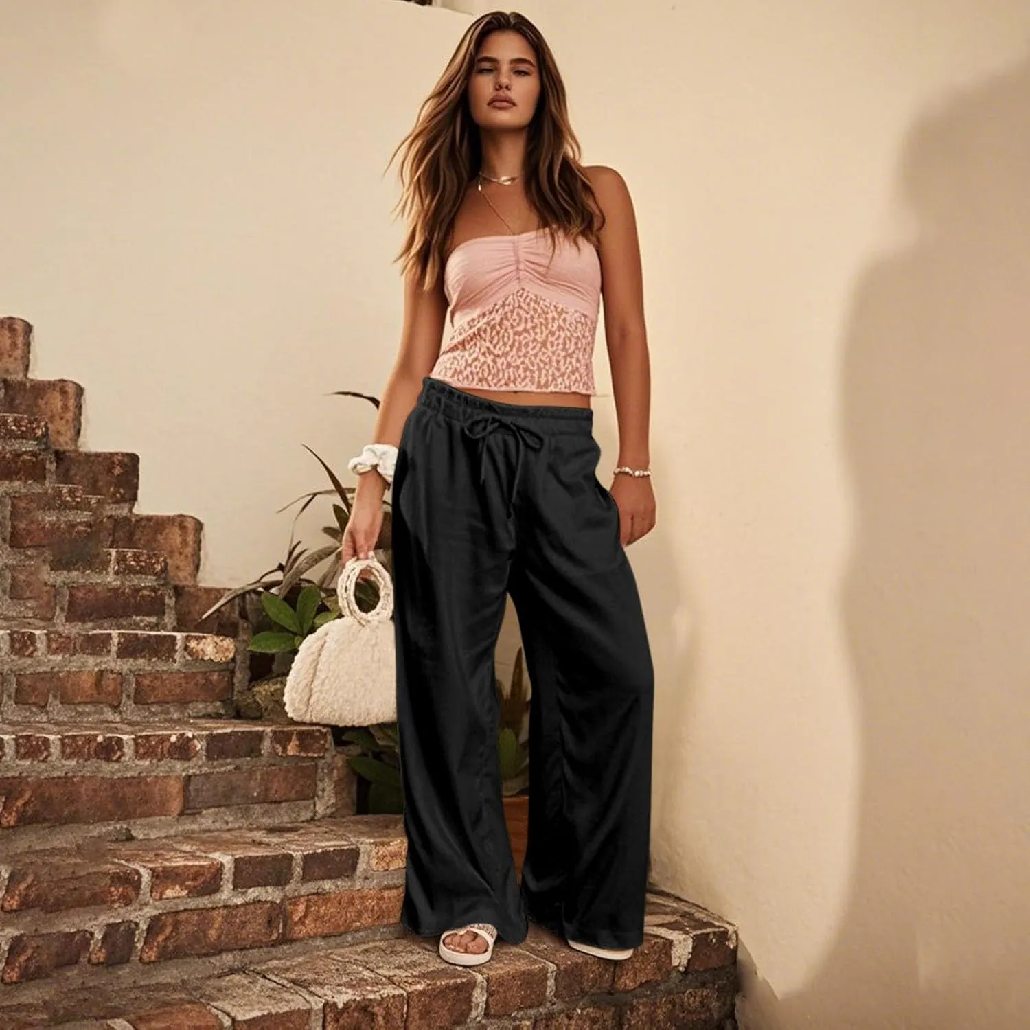GOFULY Linen Pants for Women Wide Leg Trendy High Waisted Pants with Pockets Elastic Waist Drawstring Summer Solid Clothes