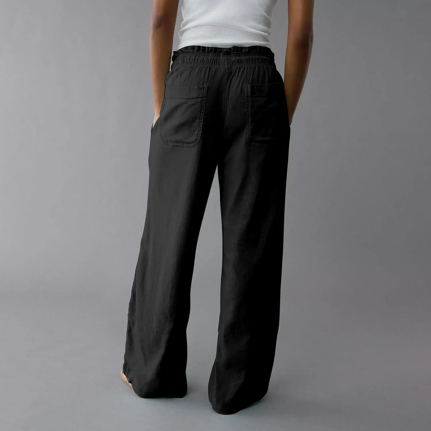 GOFULY Linen Pants for Women Wide Leg Trendy High Waisted Pants with Pockets Elastic Waist Drawstring Summer Solid Clothes