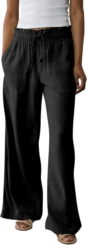 GOFULY Linen Pants for Women Wide Leg Trendy High Waisted Pants with Pockets Elastic Waist Drawstring Summer Solid Clothes