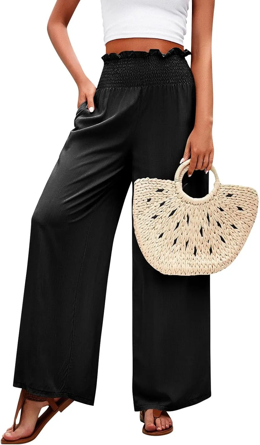 GOFULY Linen Pants Women Wide Leg 2025 High Waisted Pants Elastic Waist 2025 Summer Loose Fit Solid Trousers with Pockets