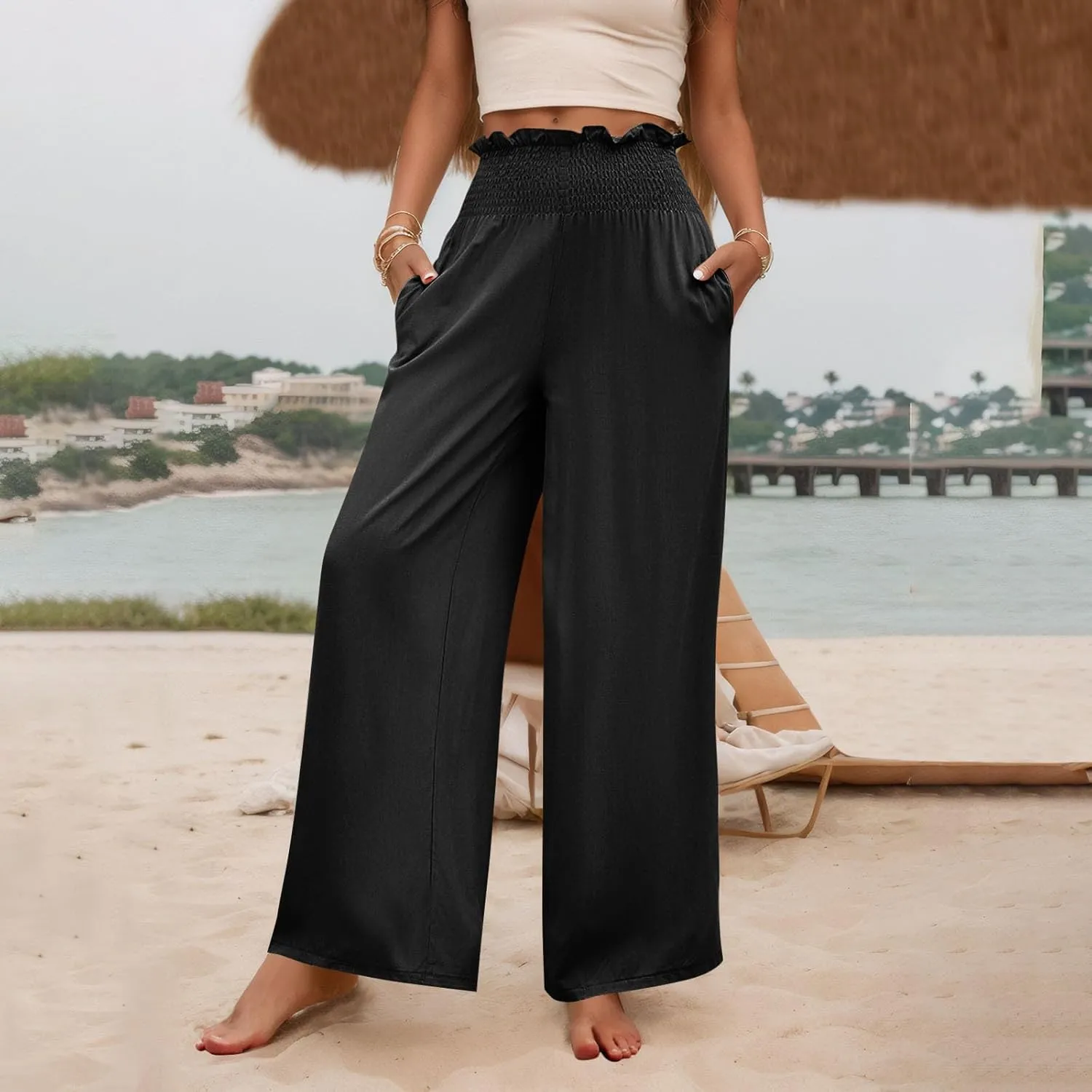 GOFULY Linen Pants Women Wide Leg 2025 High Waisted Pants Elastic Waist 2025 Summer Loose Fit Solid Trousers with Pockets
