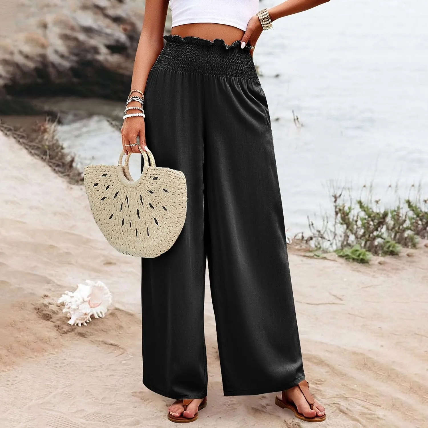 GOFULY Linen Pants Women Wide Leg 2025 High Waisted Pants Elastic Waist 2025 Summer Loose Fit Solid Trousers with Pockets
