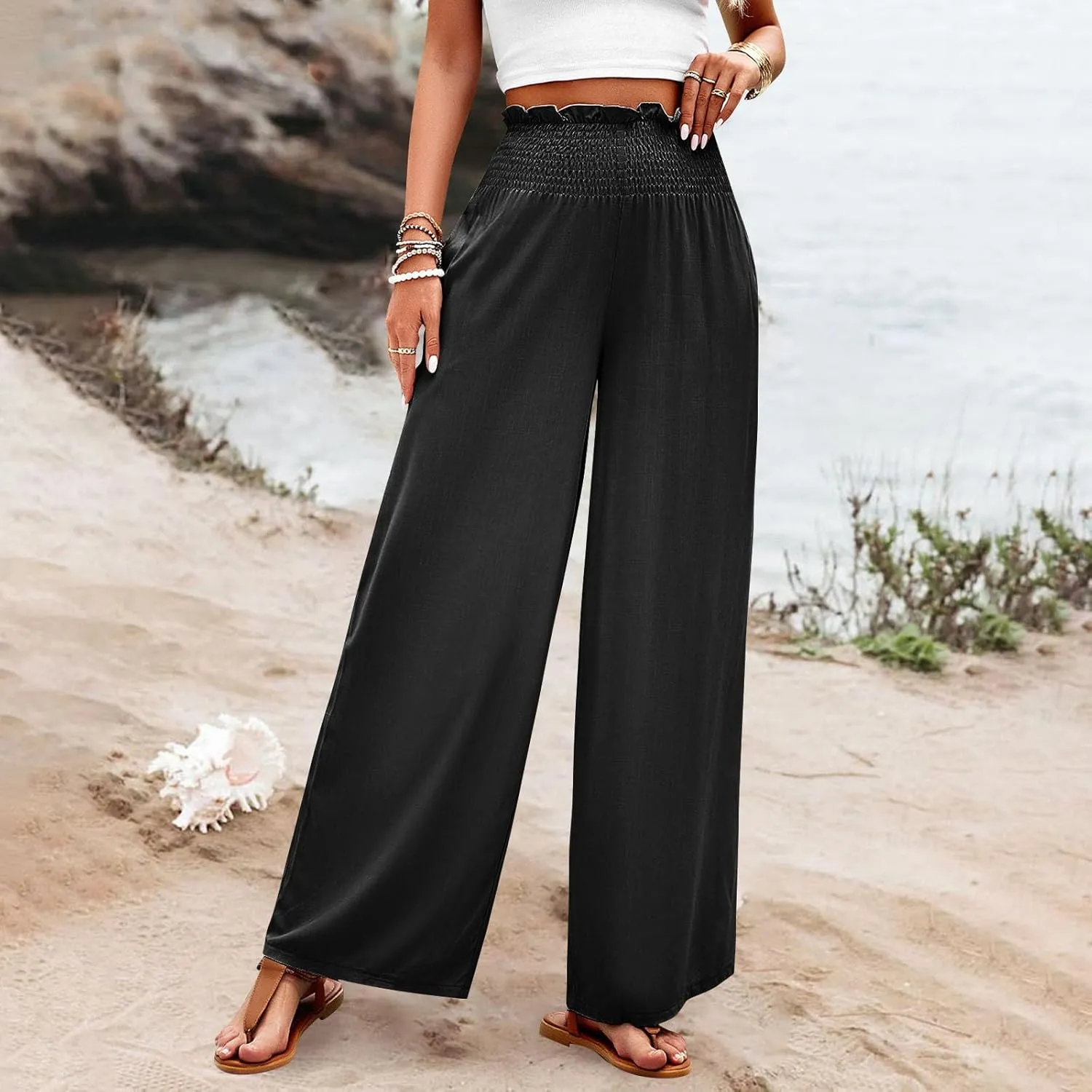 GOFULY Linen Pants Women Wide Leg 2025 High Waisted Pants Elastic Waist 2025 Summer Loose Fit Solid Trousers with Pockets