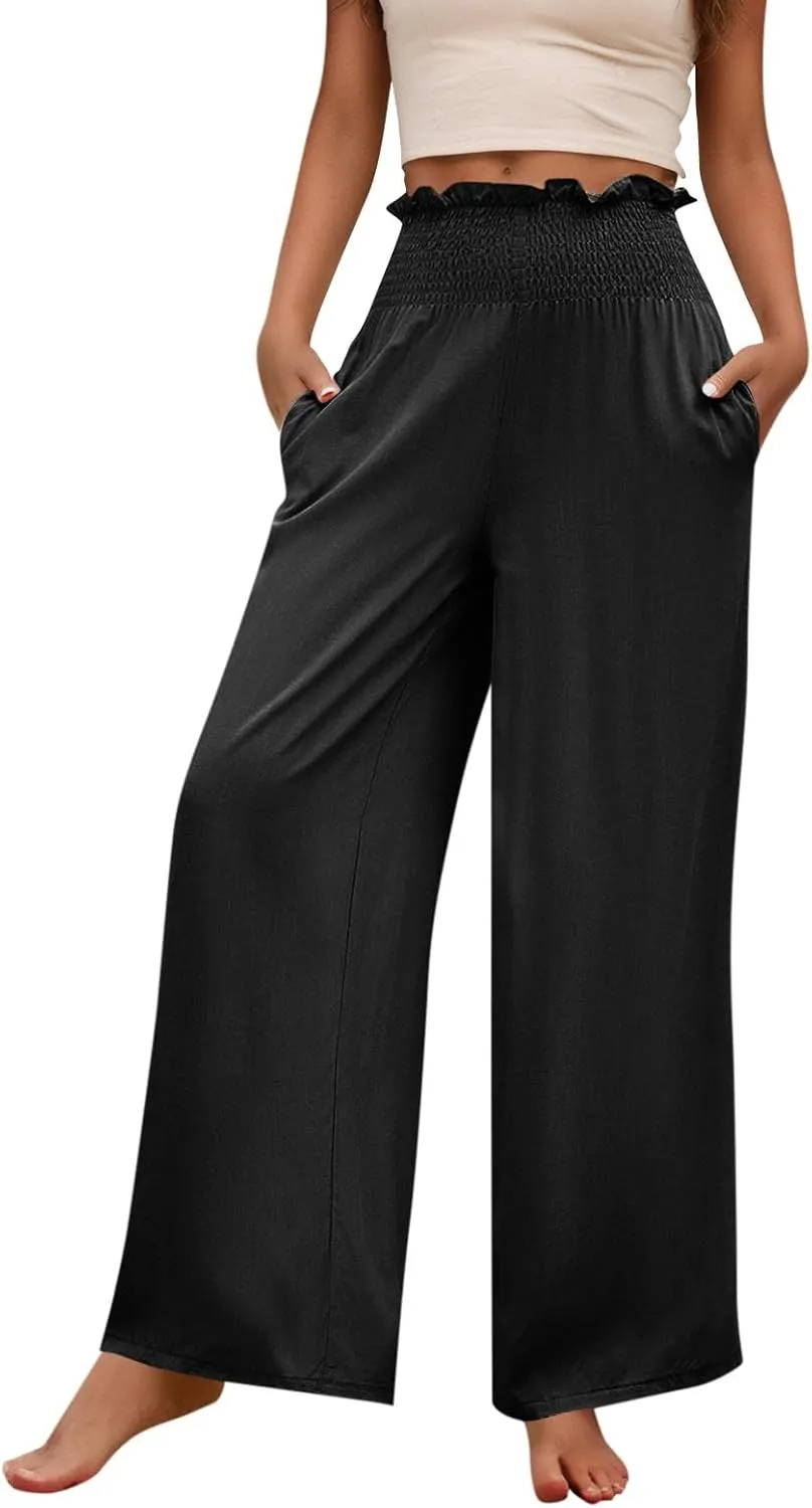 GOFULY Linen Pants Women Wide Leg 2025 High Waisted Pants Elastic Waist 2025 Summer Loose Fit Solid Trousers with Pockets