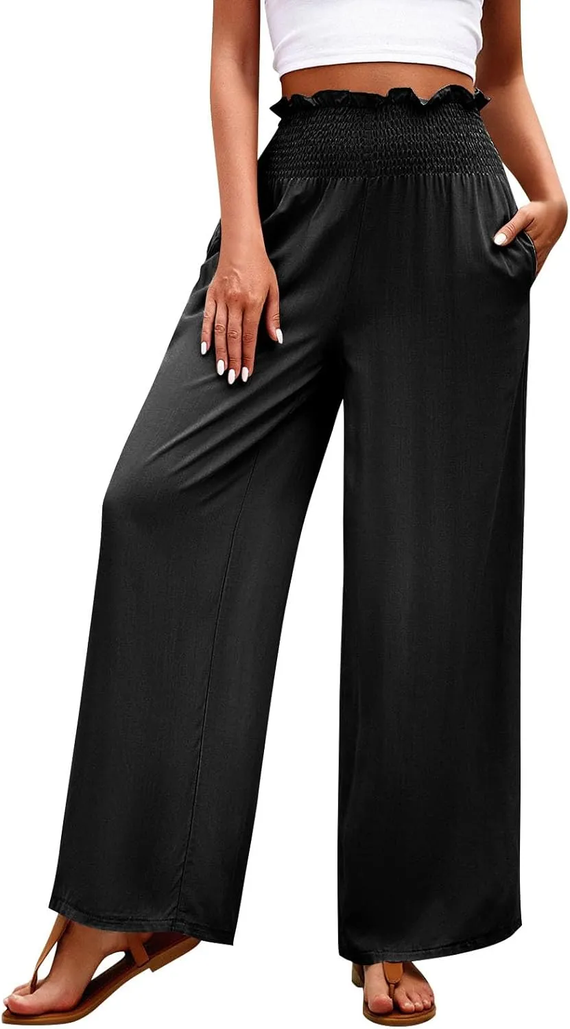 GOFULY Linen Pants Women Wide Leg 2025 High Waisted Pants Elastic Waist 2025 Summer Loose Fit Solid Trousers with Pockets