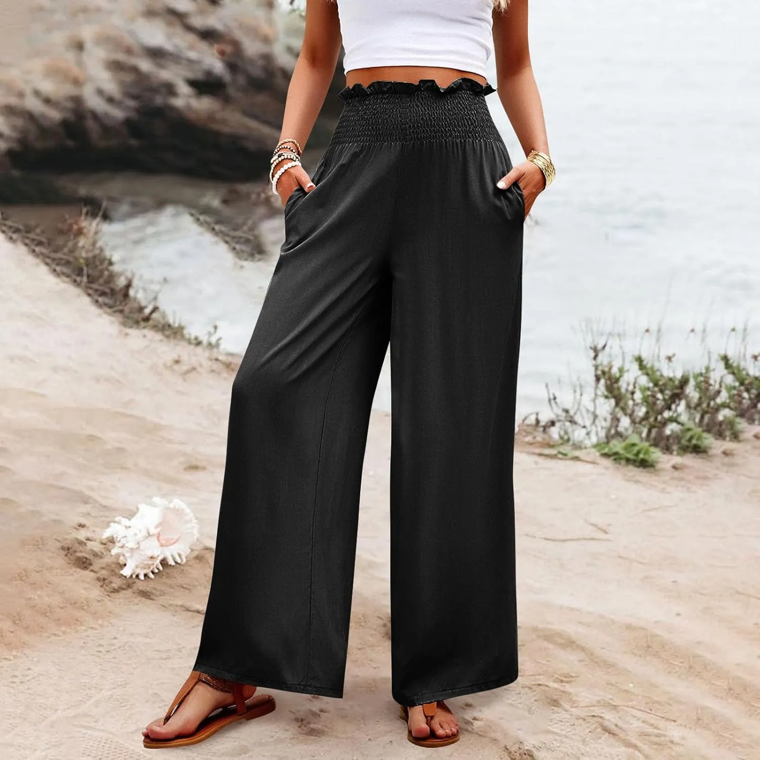 GOFULY Linen Pants Women Wide Leg 2025 High Waisted Pants Elastic Waist 2025 Summer Loose Fit Solid Trousers with Pockets