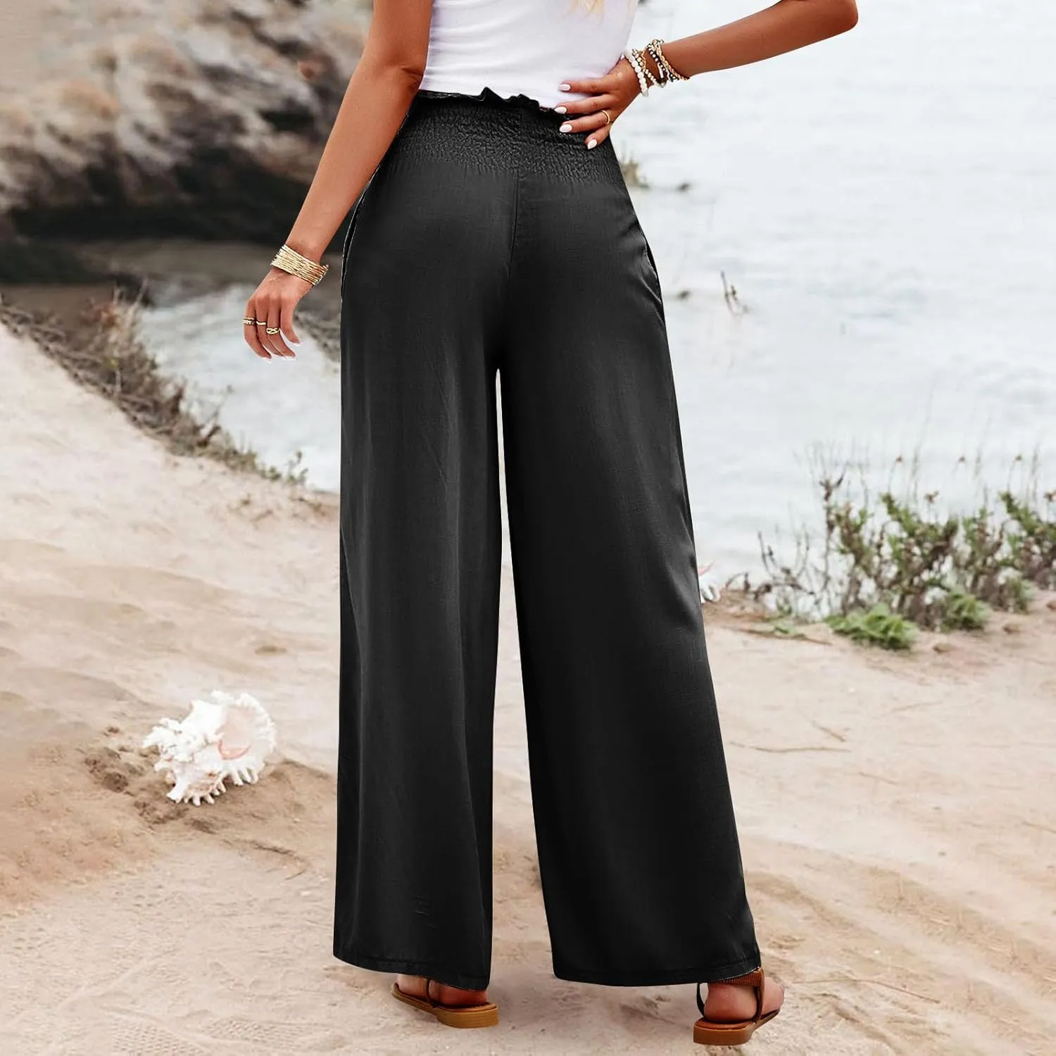 GOFULY Linen Pants Women Wide Leg 2025 High Waisted Pants Elastic Waist 2025 Summer Loose Fit Solid Trousers with Pockets