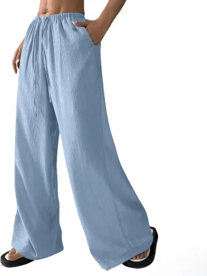 GOFULY Wide Leg Pants for Women Linen Beach Western Summer Drawstring Elastic Waist Pants High Waist Pockets Solid Outfits