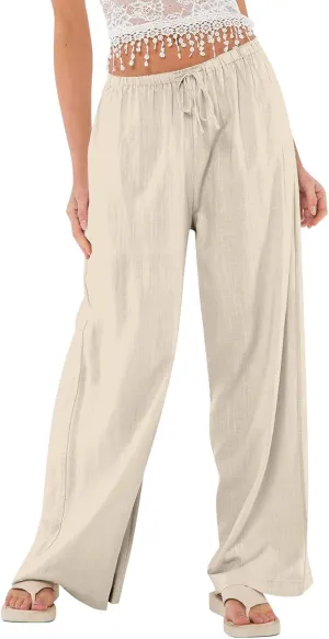 GOFULY Wide Leg Pants for Women Linen Beach Western Summer Drawstring Elastic Waist Pants High Waist Pockets Solid Outfits