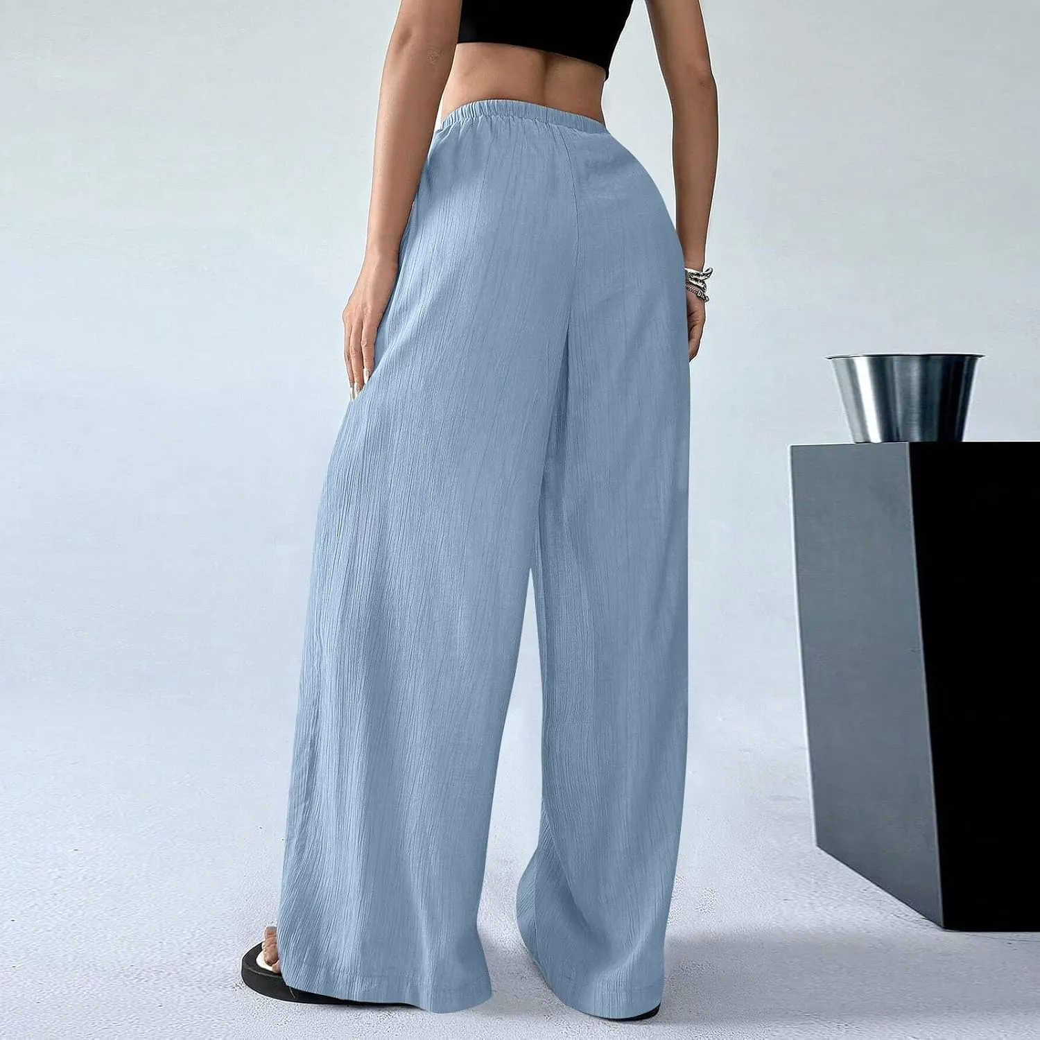 GOFULY Wide Leg Pants for Women Linen Beach Western Summer Drawstring Elastic Waist Pants High Waist Pockets Solid Outfits