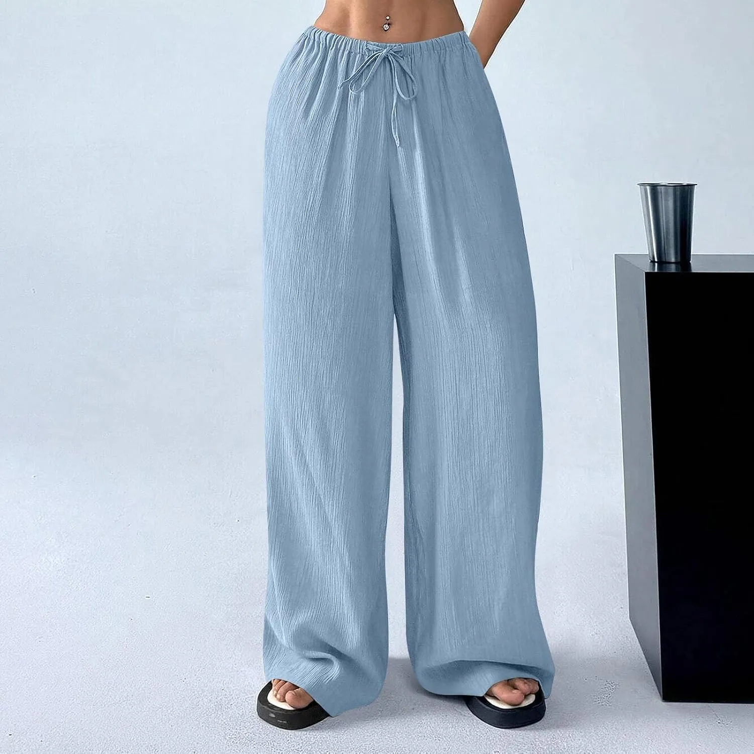 GOFULY Wide Leg Pants for Women Linen Beach Western Summer Drawstring Elastic Waist Pants High Waist Pockets Solid Outfits