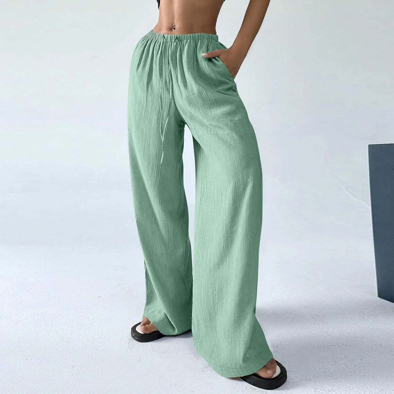 GOFULY Wide Leg Pants for Women Linen Beach Western Summer Drawstring Elastic Waist Pants High Waist Pockets Solid Outfits