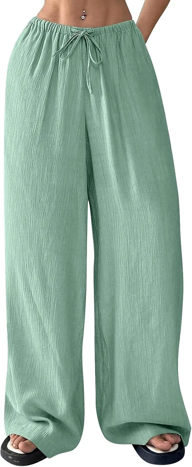 GOFULY Wide Leg Pants for Women Linen Beach Western Summer Drawstring Elastic Waist Pants High Waist Pockets Solid Outfits