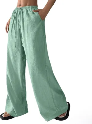 GOFULY Wide Leg Pants for Women Linen Beach Western Summer Drawstring Elastic Waist Pants High Waist Pockets Solid Outfits