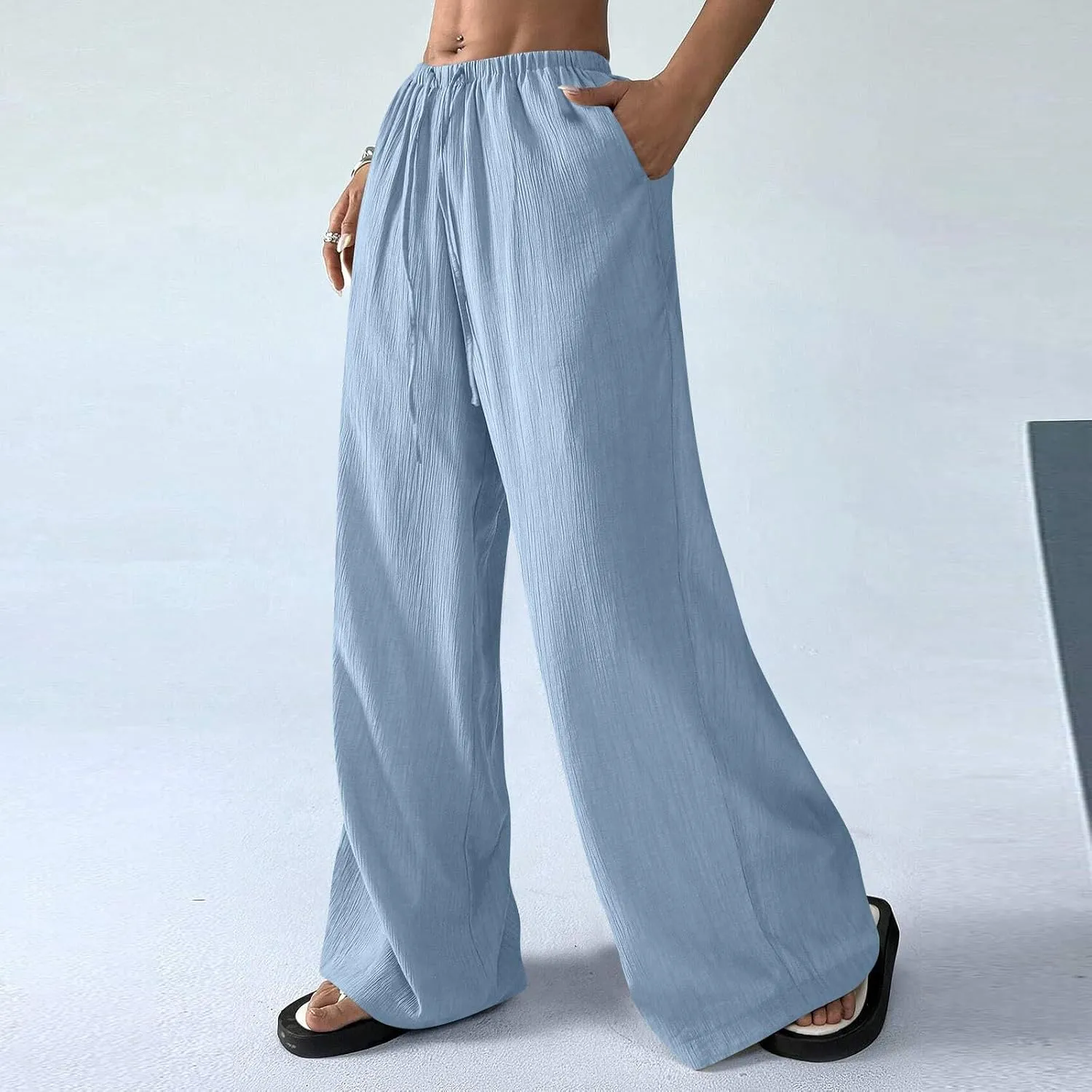 GOFULY Wide Leg Pants for Women Linen Beach Western Summer Drawstring Elastic Waist Pants High Waist Pockets Solid Outfits