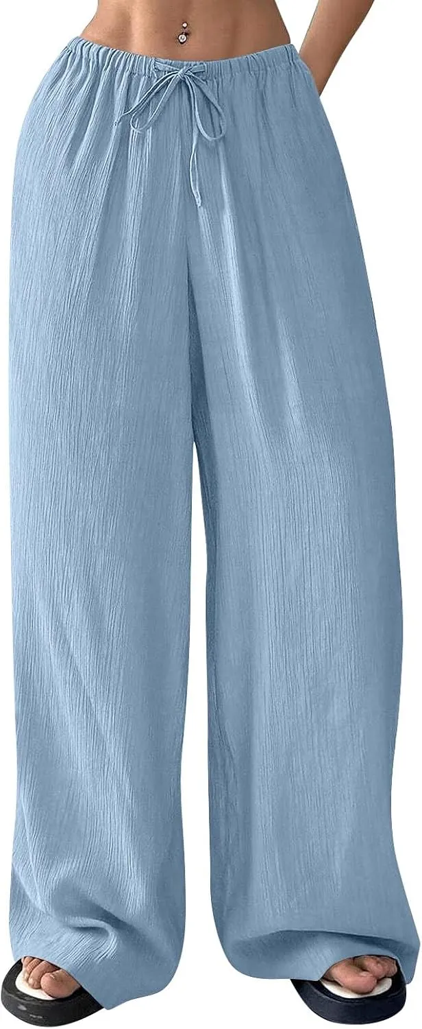 GOFULY Wide Leg Pants for Women Linen Beach Western Summer Drawstring Elastic Waist Pants High Waist Pockets Solid Outfits