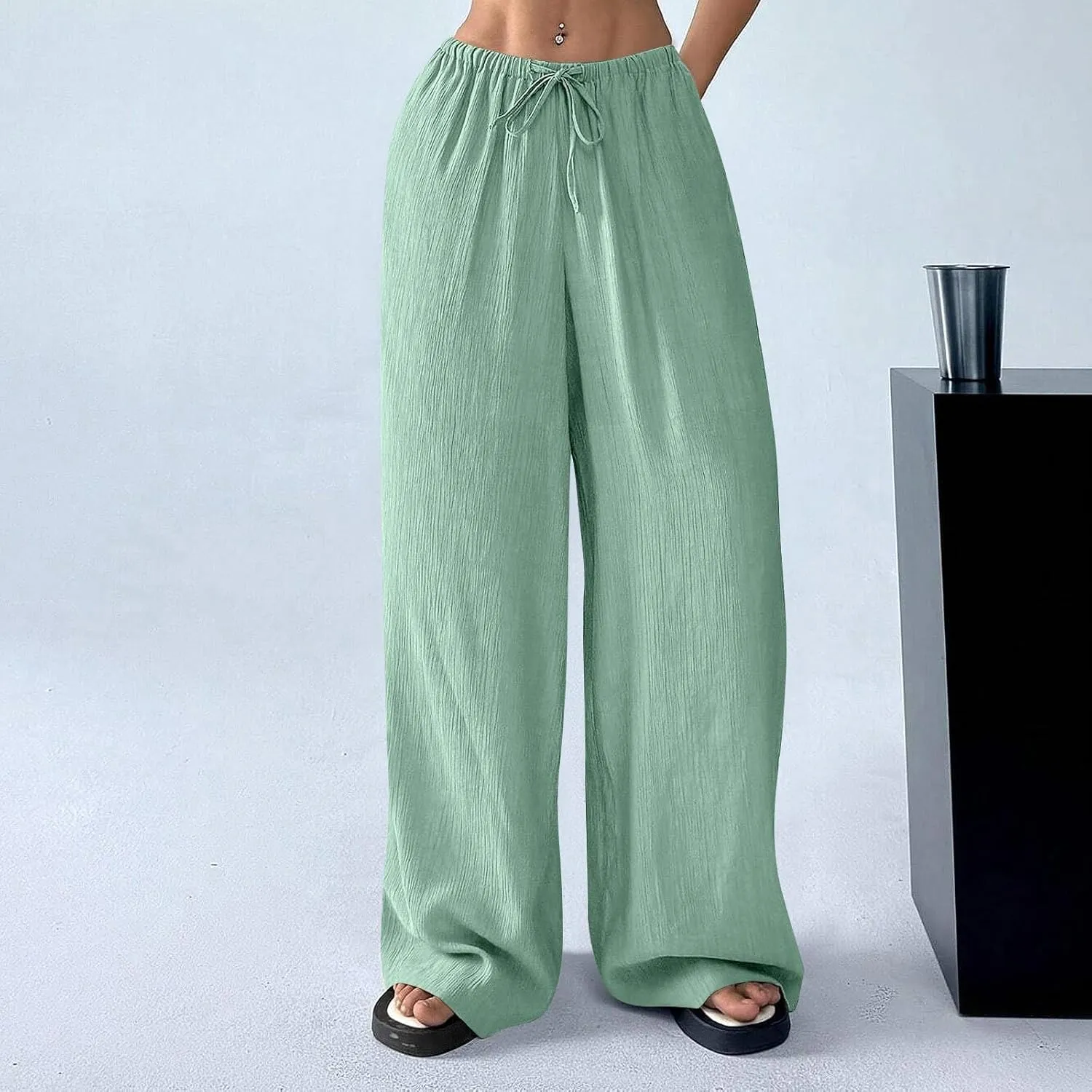 GOFULY Wide Leg Pants for Women Linen Beach Western Summer Drawstring Elastic Waist Pants High Waist Pockets Solid Outfits