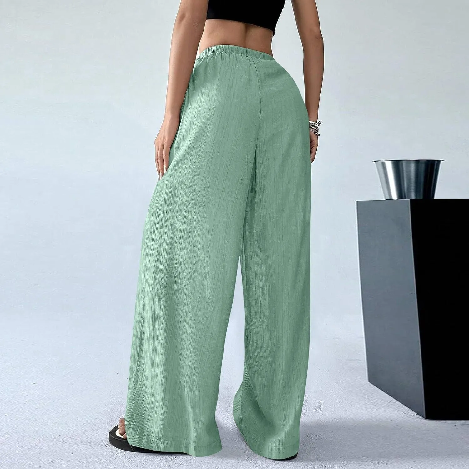 GOFULY Wide Leg Pants for Women Linen Beach Western Summer Drawstring Elastic Waist Pants High Waist Pockets Solid Outfits