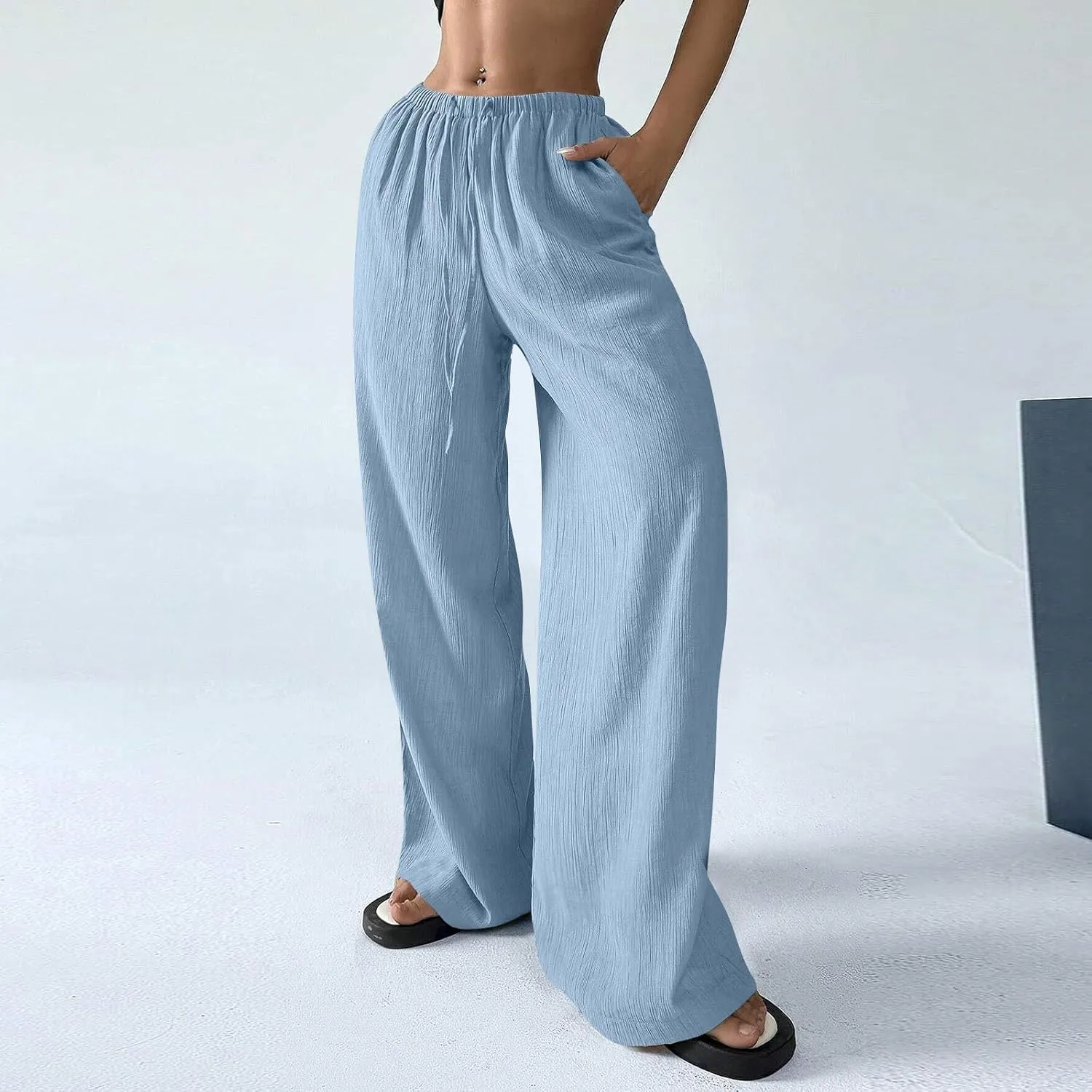GOFULY Wide Leg Pants for Women Linen Beach Western Summer Drawstring Elastic Waist Pants High Waist Pockets Solid Outfits