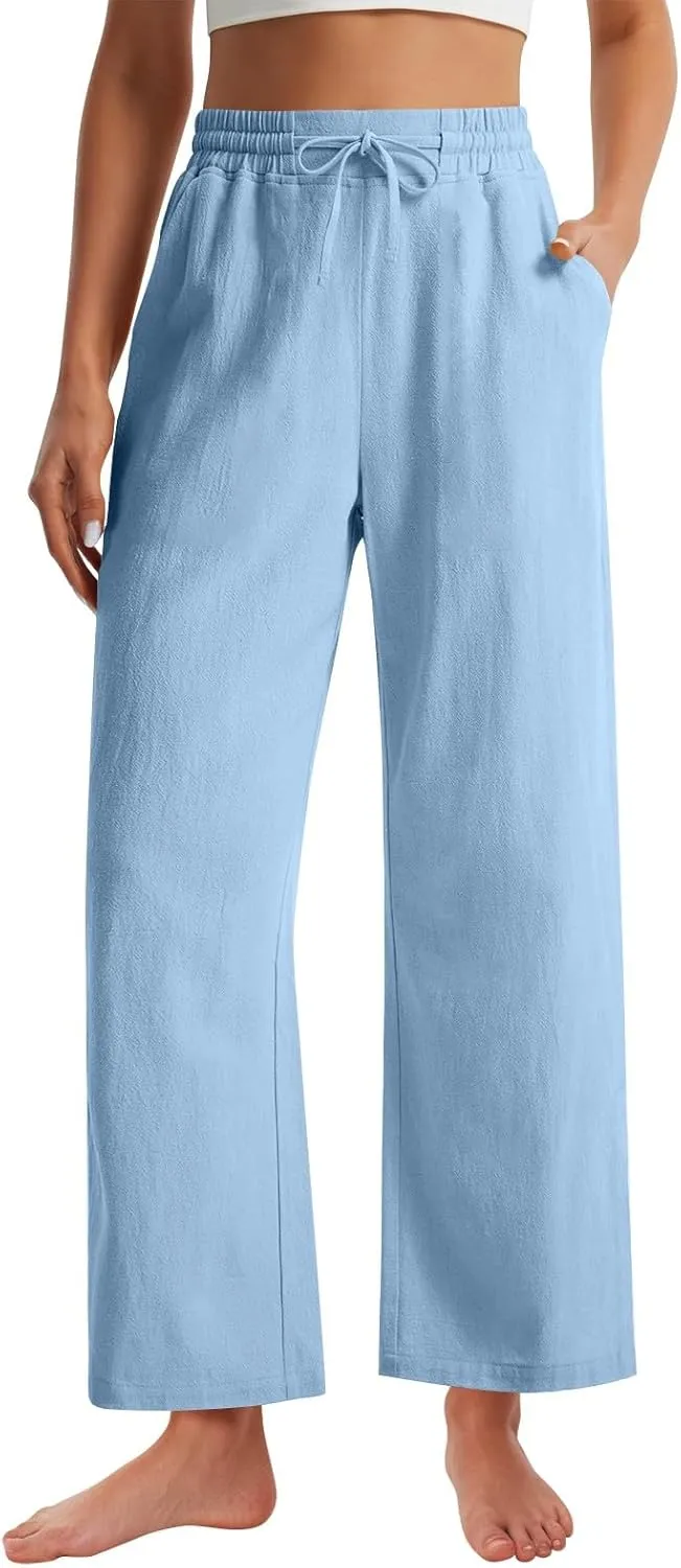 GOFULY Womens Linen Pants Casual Wide Leg 2025 High Rise Pants Drawstring Elastic Waist Summer 2025 Solid Trouser with Pocket