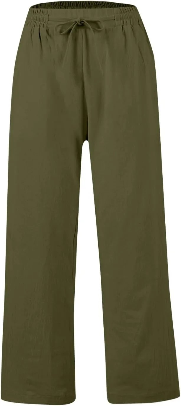 GOFULY Womens Linen Pants Casual Wide Leg 2025 High Rise Pants Drawstring Elastic Waist Summer 2025 Solid Trouser with Pocket