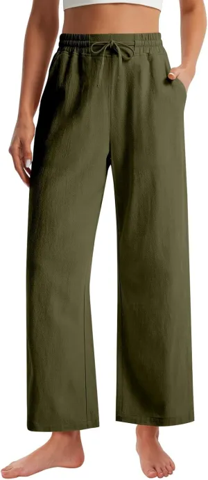 GOFULY Womens Linen Pants Casual Wide Leg 2025 High Rise Pants Drawstring Elastic Waist Summer 2025 Solid Trouser with Pocket
