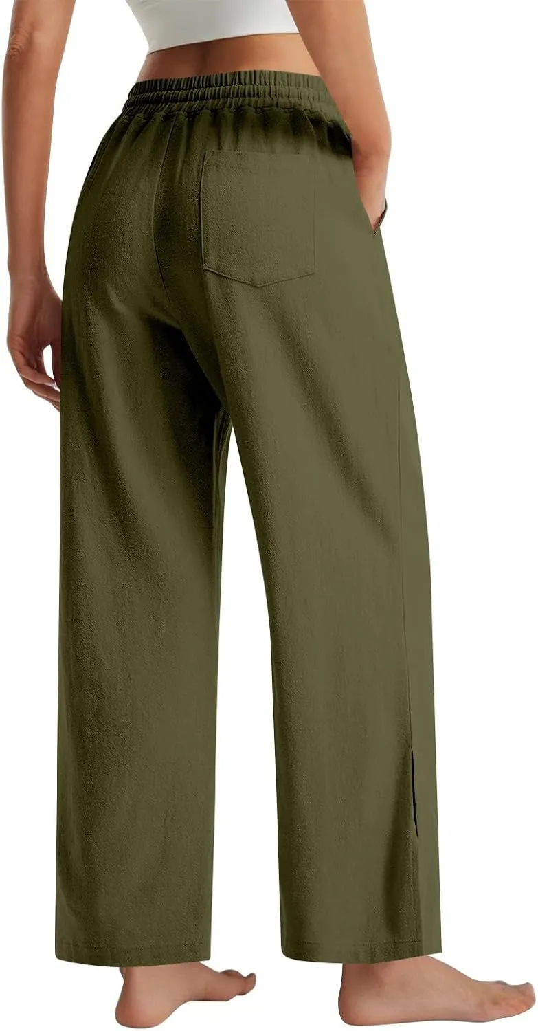 GOFULY Womens Linen Pants Casual Wide Leg 2025 High Rise Pants Drawstring Elastic Waist Summer 2025 Solid Trouser with Pocket