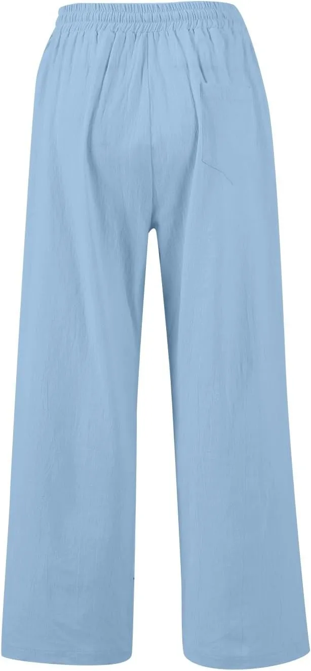 GOFULY Womens Linen Pants Casual Wide Leg 2025 High Rise Pants Drawstring Elastic Waist Summer 2025 Solid Trouser with Pocket
