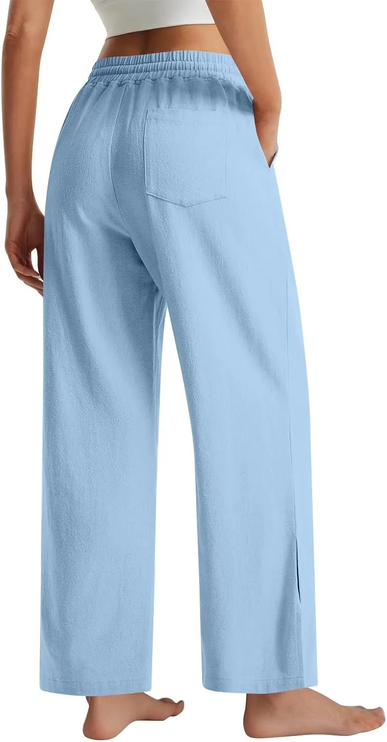 GOFULY Womens Linen Pants Casual Wide Leg 2025 High Rise Pants Drawstring Elastic Waist Summer 2025 Solid Trouser with Pocket