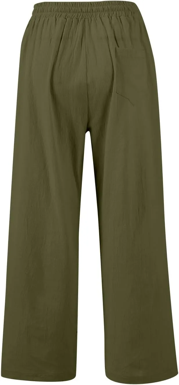 GOFULY Womens Linen Pants Casual Wide Leg 2025 High Rise Pants Drawstring Elastic Waist Summer 2025 Solid Trouser with Pocket