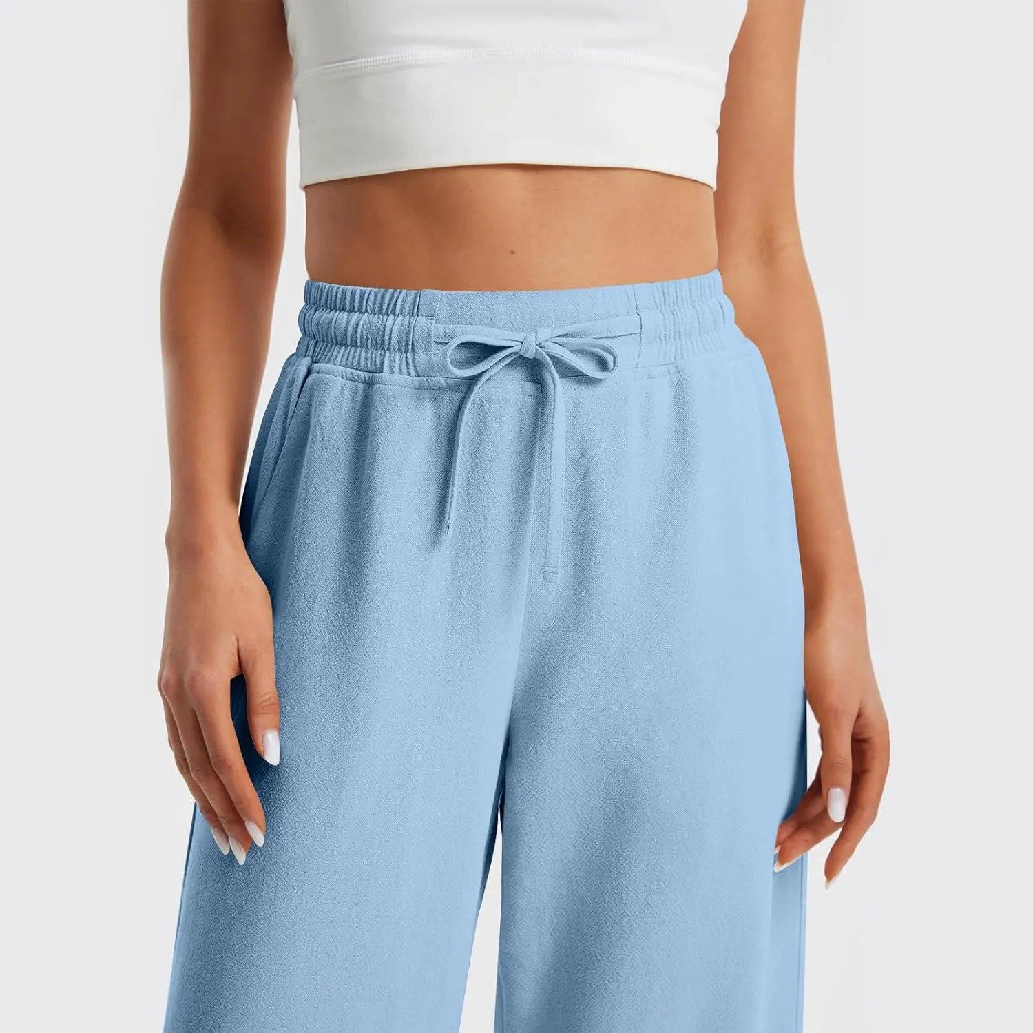 GOFULY Womens Linen Pants Casual Wide Leg 2025 High Rise Pants Drawstring Elastic Waist Summer 2025 Solid Trouser with Pocket
